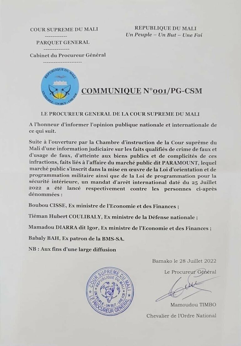Communiqué Cour suprême du Mali